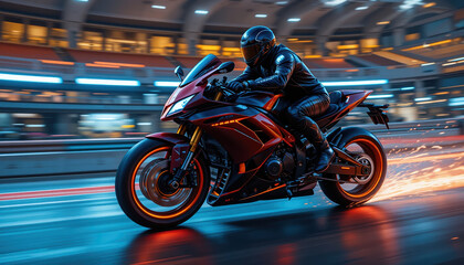 Photo of a racer on his sports motorbike, speeding along at high speed