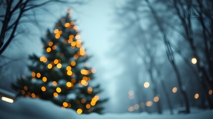 Christmas tree blurred against a background of bokeh light and empty white snow