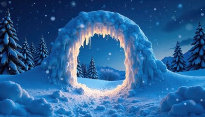 Icy archway under starry Christmas sky with snowflakes, wintry, snow