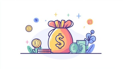 Fototapeta premium Money set icon. Dollar, money bag, gold, banknote. Money bag flat illustration
