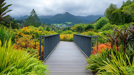 Tranquil Garden Pathway Surrounded by Vibrant Flora and Lush Greenery with Mountains in the Background Under Cloudy Sky