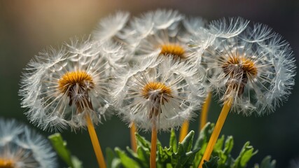 Obraz premium Delicate dandelion seed heads glimmering in the warm afternoon light of a serene meadow
