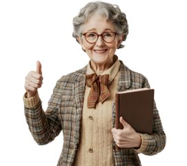 A grandmother pointing her finger up while holding a book on a transparent background. Cutout. International book day concept