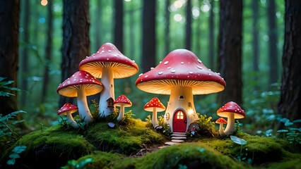 Fototapeta premium Enchanting miniature house nestled amongst glowing mushrooms in a mystical forest at twilight.