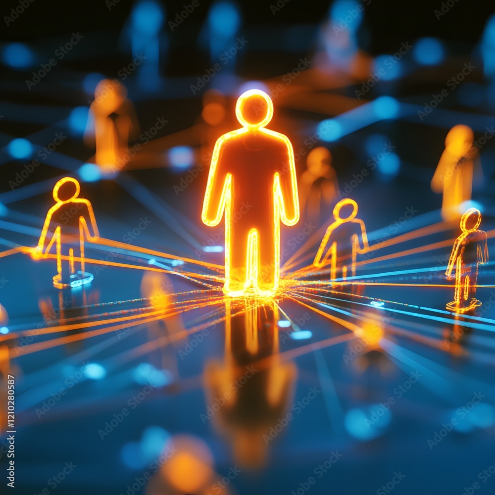 Aufkleber Futuristic digital network connection with glowing human figures representing social relationships and interactions in a virtual environment, depicting modern technology and communication.