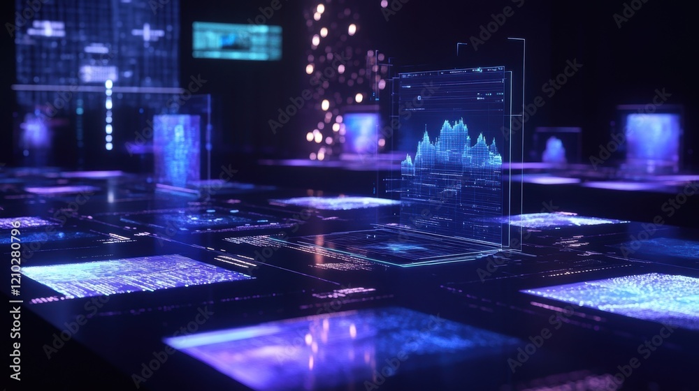 Poster complex digital interface showcasing data visualization with interactive charts, graphs, and code, r