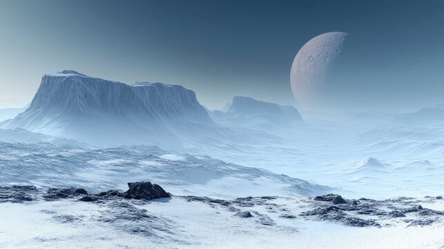 A futuristic space station orbiting a distant, blue alien planet, with large telescopes and advanced antennas.
