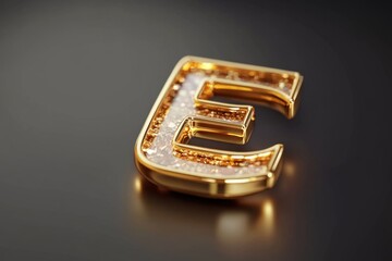 The letter E is made of gold foil and is sitting on a marble counter
