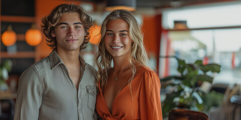 Obraz premium A man and a woman are smiling for the camera in a restaurant