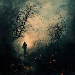 Fototapeta premium Solitary Figure in a Dark Forest: A Surreal Journey
