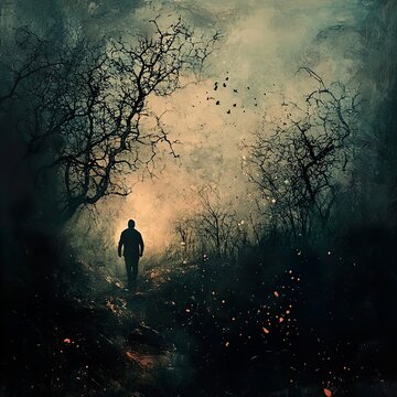Solitary Figure in a Dark Forest: A Surreal Journey