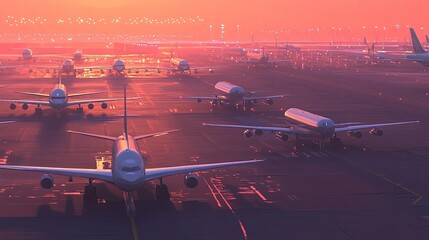 Fototapeta premium Aircraft parked neatly on a taxiway against a runway background, showcasing airport operations, logistics, and air cargo concepts.
