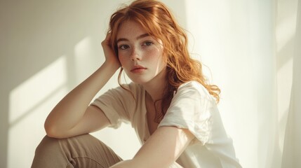 Naklejka premium Young woman in soft light with thoughtful expression at home