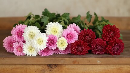 A mix of colorful chrysanthemums arranged in a bunch, sitting on a wooden counter in a flower shop.