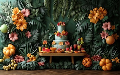 Tropical wedding cake and fruit buffet.
