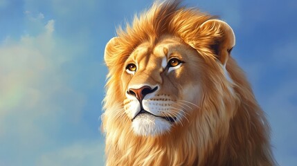 Majestic Lion With Striking Mane Under Blue Sky and Soft Clouds