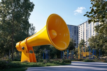 A playful 3D megaphone with a bright yellow ringing bell symbol.
