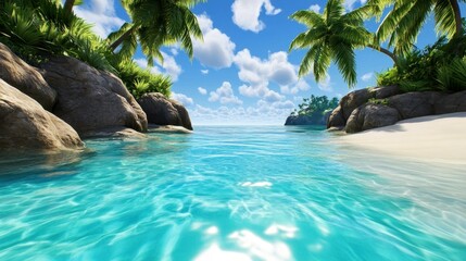 Serene Tropical Beach with Clear Blue Water and Lush Green Palm Trees