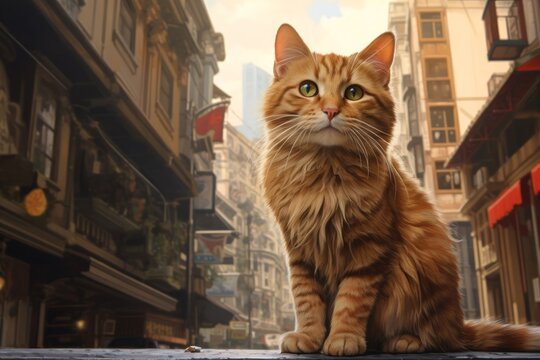 Portrait of a happy manx cat isolated on bustling city street background