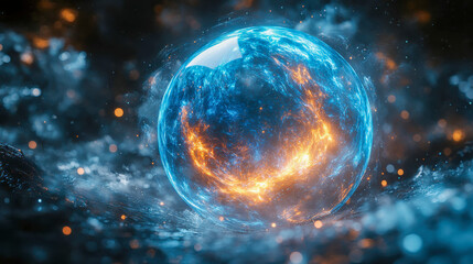 Fototapeta premium Glowing blue energy sphere with swirling light trails in a dark, smoky atmosphere. A concept of power and mysticism