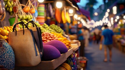 Vibrant Market Scene Filled with Fresh Fruits and Colorful Textiles
