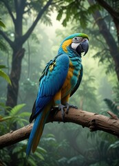 Fototapeta premium Blue macaw resting on a branch in the rainforest canopy, timber, nature