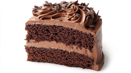 A decadent chocolate cake adorned with swirls of frosting and chocolate shavings, Each slice revealing its moist layers and rich cocoa flavor