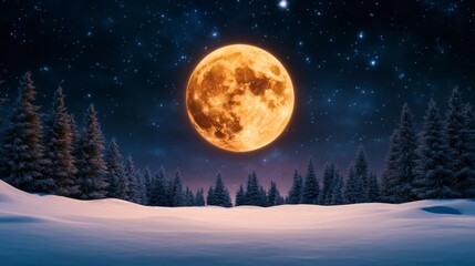 Fototapeta premium Majestic Full Moon Over Snowy Landscape Under Starry Night Sky