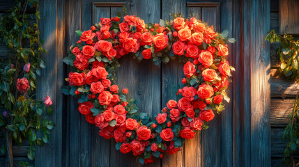 Vibrant floral heart wreath hanging on rustic blue wooden wall