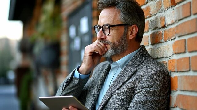 Contemplative Businessman: A pensive mature businessman with a beard and glasses leans against a brick wall, thoughtfully reviewing a digital tablet, lost in contemplation. 