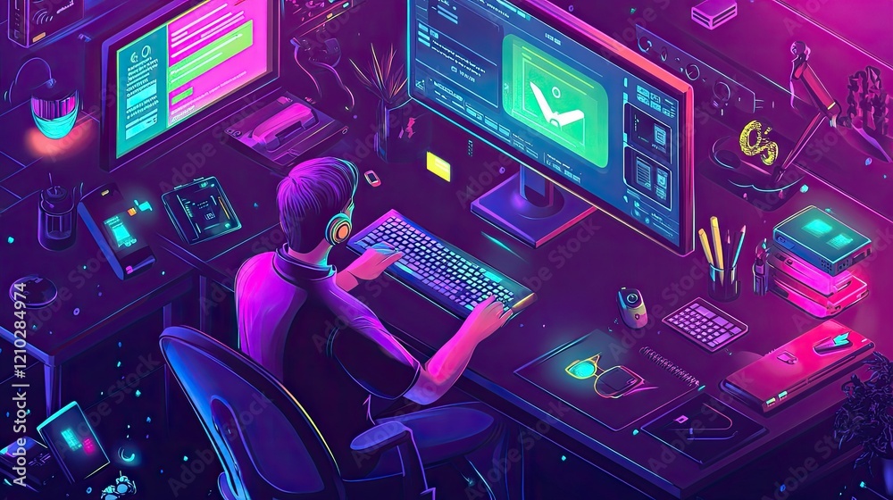 Poster computer technician visualizing software development with isometric icons for app and website design