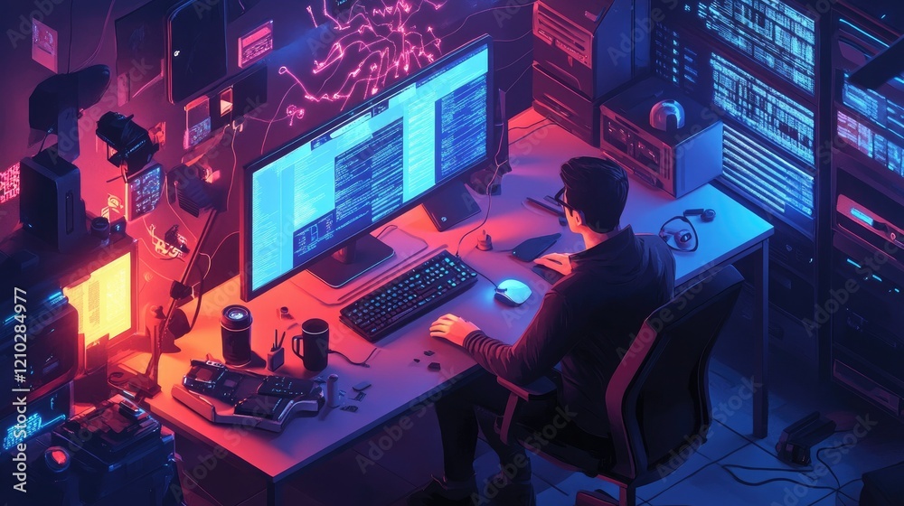 Poster computer technician visualizing software development with isometric icons for app and website design