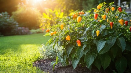 A sunny corner of a home garden with chili plants bearing vibrant yellow, orange, and red peppers.