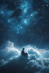 A serene and dreamy image of a person sitting on a cloud under a starry sky, engaging in creative activities like sewing or crafting stars set against a magical and celestial backdrop
