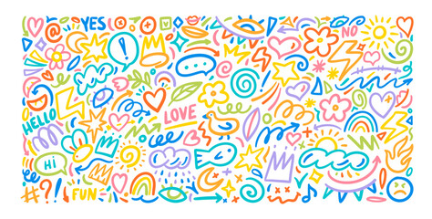 Colorful cute kid's doodle shapes collection. Funny children pen outline flower, cloud, punctuation marks, stars, hearts.