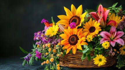 A wicker basket full of vibrant flowers, including sunflowers, lilies, and daisies, being styled by a florist.