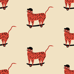 Adorable red tiger and skateboard hand drawn vector illustration. Funny cat seamless pattern for kids fabric or wallpaper.