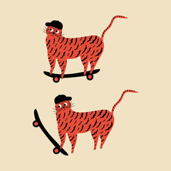Cute red tigers and skateboard hand drawn vector illustration. Isolated funny cat in flat style for kids logo or poster.