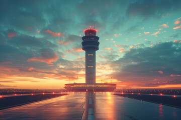 Obraz premium Tower Silhouette Against a Vibrant Sunset at the Airport