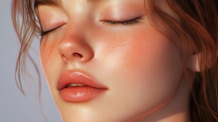Fototapeta premium Close-up of Serene Young Woman with Natural Makeup and Soft Lighting