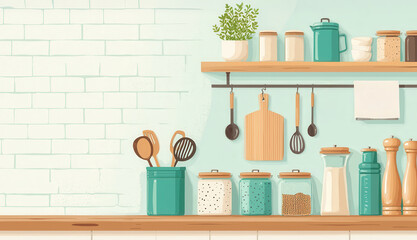 modern kitchen scene featuring organized shelves with jars, utensils, and plant, showcasing proper food handling tools