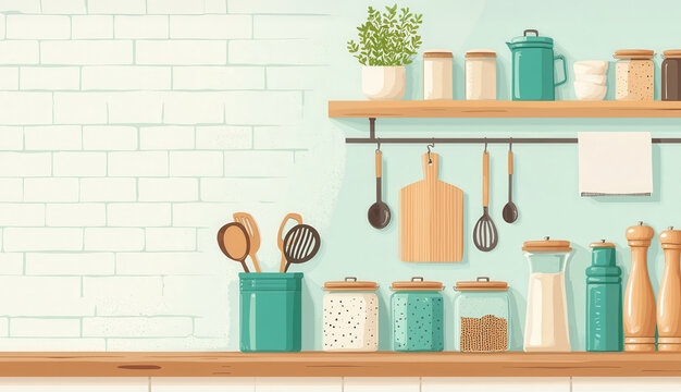 modern kitchen scene featuring organized shelves with jars, utensils, and plant, showcasing proper food handling tools