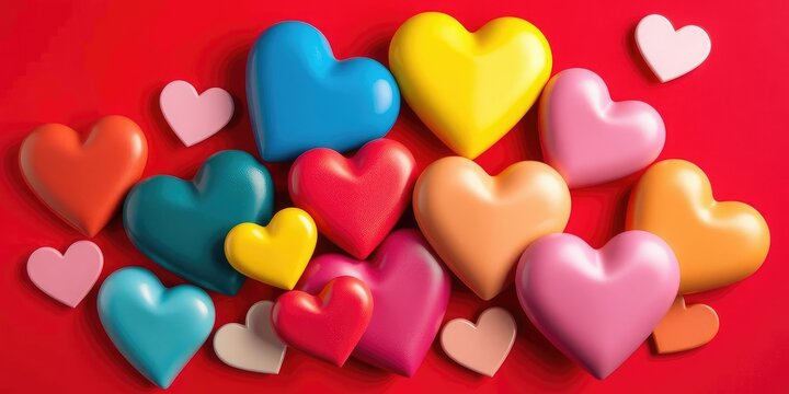 Bold and colorful valentine hearts against a vibrant red backdrop, lively atmosphere, playful patterns, energetic visuals