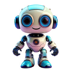 Adorable 3D render of a friendly, cartoon robot with bright blue eyes and a cheerful expression, perfect for children's technology or futuristic concepts.
