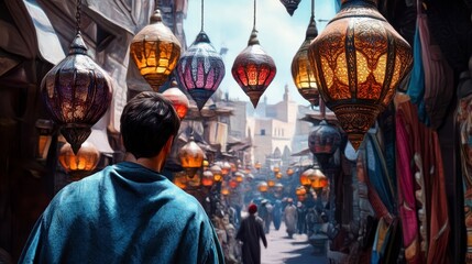 Obraz premium Person in Traditional Clothing Walking Through Vibrant Market Scene