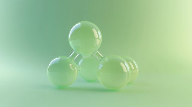 A minimalist representation of a molecule with connected translucent green spheres on gradient background