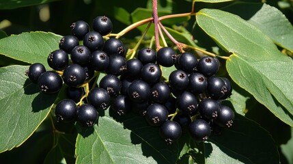 Black mountain ash berries drenched in sunlight, creating a striking contrast with dark green leaves.