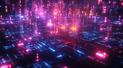 Obraz premium Holographic projection of blockchain nodes, complex network with vibrant colors and high-tech look 