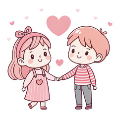 Cute cartoon children holding hands, pink color scheme, boy in overalls and hat, girl in sweater dress, kawaii style, heart motifs, simple line art, pastel background