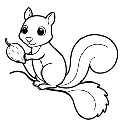 Cartoon squirrel, black and white line drawing, holding acorn, large fluffy tail, cute big eyes, simple style, children's book illustration, adorable forest creature, whimsical, playful pose, minimali